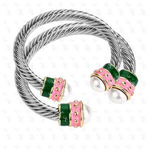 Set of 2 AKA Pink Green Twisted Cuff Bracelet Pearl Accent